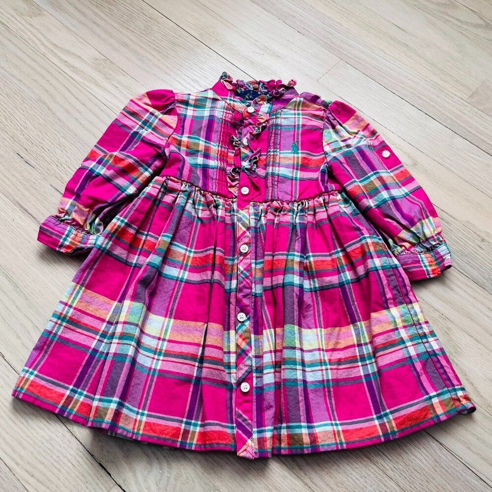 Ralph Lauren Plaid Long Sleeve Dress in Pink Size 12M